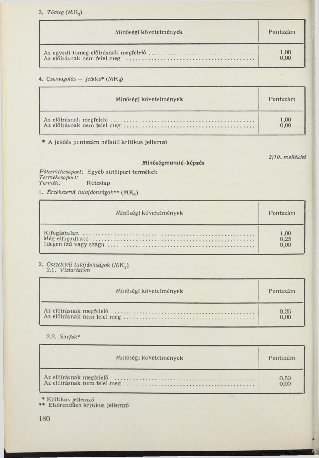 3. T ö m e g (MK3) Minőségi követelmények Az egyedi tömeg előírásnak megfelelő... Az előírásnak nem felel meg... 1,00 4. C som agolás je lö lé s * (MK4) Minőségi követelmények Az előírásnak megfelelő.