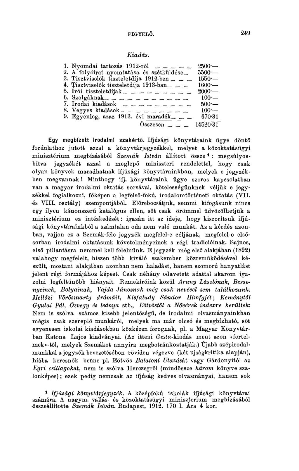 FIGYELŐ. 249 Kiadás. 1. Nyomdai tartozás 1912-ről 2. A folyóirat nyomtatása és szétküldése. 3. Tisztviselők tiszteletdíja 1912-ben 4. Tisztviselők tiszteletdíja 1913-ban. 5. írói tiszteletdíjak 6.