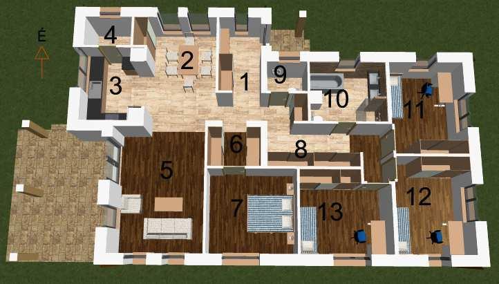 ) REFERENCIA LAKÓÉPÜLET HELYISÉGEI 1 előszoba 8,97 m2 2 étkező 14,35 m2 3 konyha 8,52 m2 4 kamra 2,6 m2 5