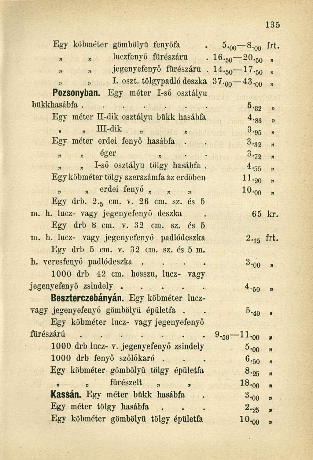 Egy köbméter gömbölyű fenyőfa. 5.qq S.qq frt. luczfenyő fürészáru. 16. 5 0 20. 5 0» jegenyefenyő fürészáru. 14. 5 0 17. 5 0 I. oszt. tölgypadló deszka 37. 0 0 43. 0 0 Pozsonyban.