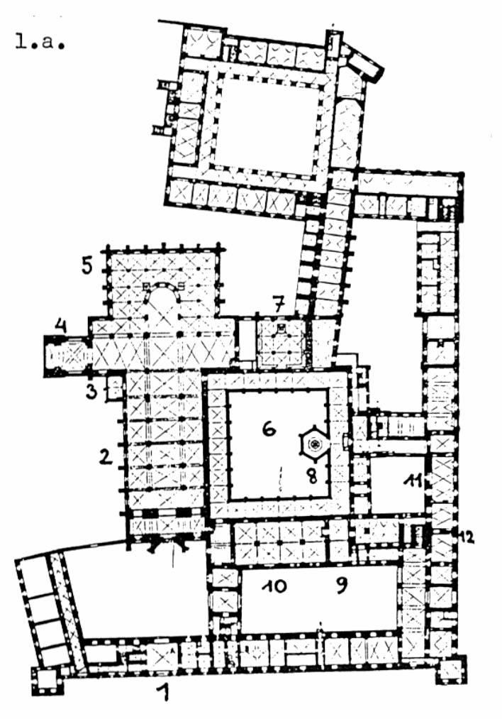 Lilienfeld, ciszterci monostor: 1202-ben alapította VI. Lipót herceg, 1210 körül épült, a szentélycsarnok 1250ben készült. Helyszínrajz: 1.