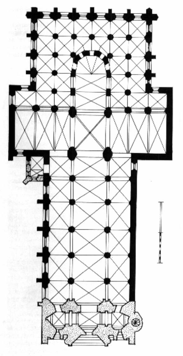 régi monostor-bejárat, 10. laikusok munkaterme (fölötte hálóterme), 11. könyvtár (újkori), 12. képtár (újkori), 13. mai lakóegység.