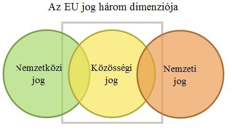 EU jog természete Az EU joga sajátos jelenség, melynek három dimenziója van: egy nemzetközi jogi (tehát az EU szerződéses alapjai), egy köztes "közösségi" (államok feletti, de