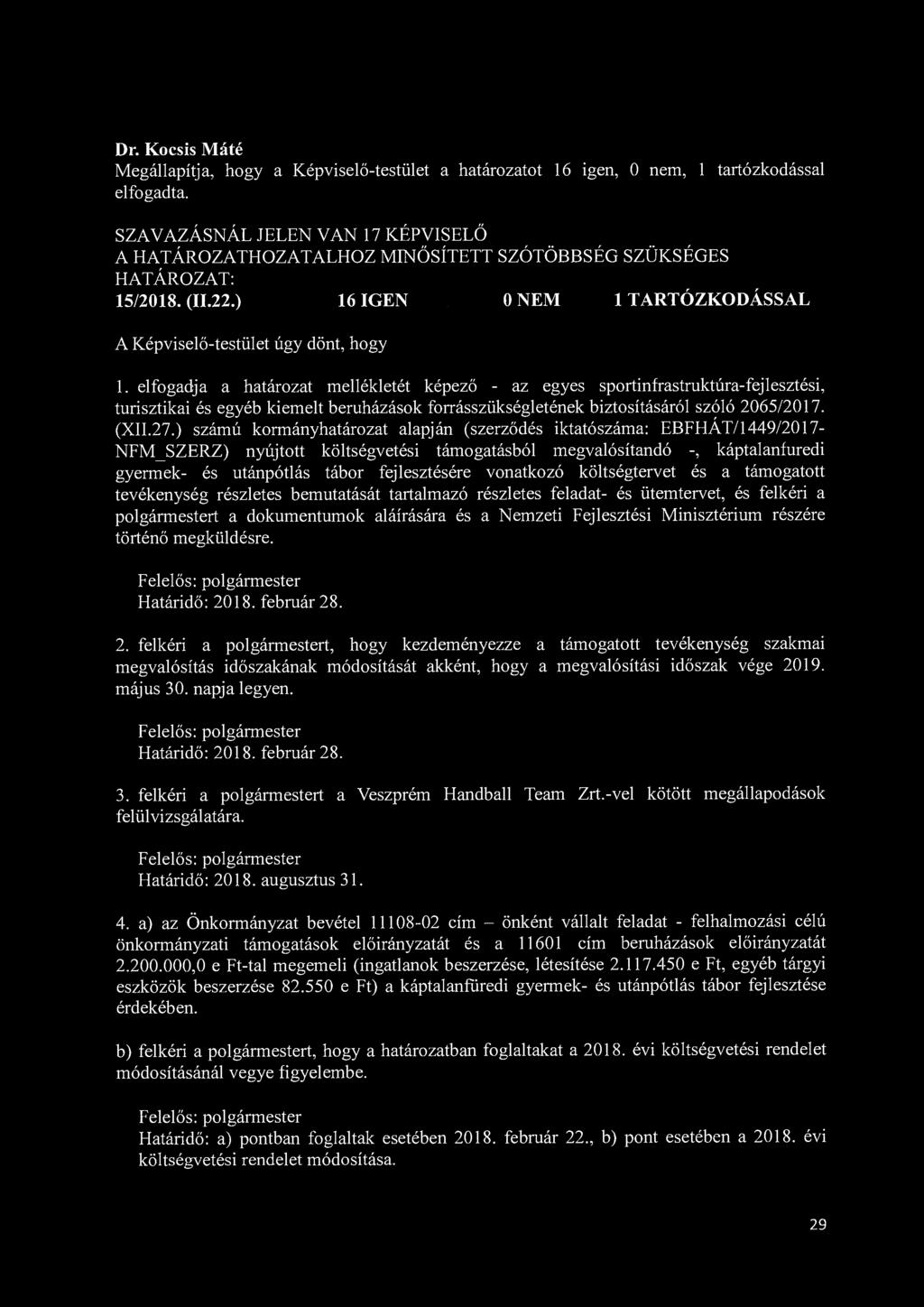 Megállapítja, hogy a Képviselő-testület a határozatot 16 igen, 0 nem, 1 tartózkodással elfogadta.