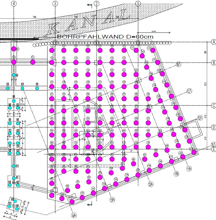 cölöp- és réspilléralapozást (box-shaped pile and diaphragm wall foundation).