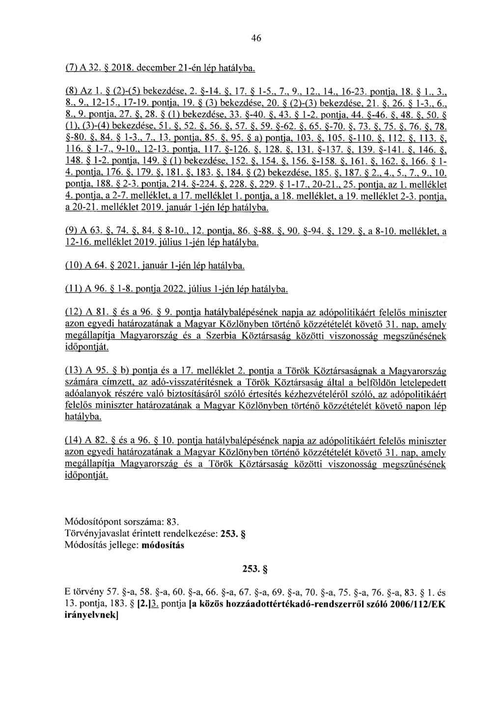 46 (7) A 32. 2018. december 21-én lép hatályba. (8) Az 1. (2)-(5) bekezdése, 2. -14., 17. 1-5., 7., 9., 12., 14., 16-23. pontja, 18. 1., 3., 8., 9., 12-15., 17-19. pontja, 19. (3) bekezdése, 20.