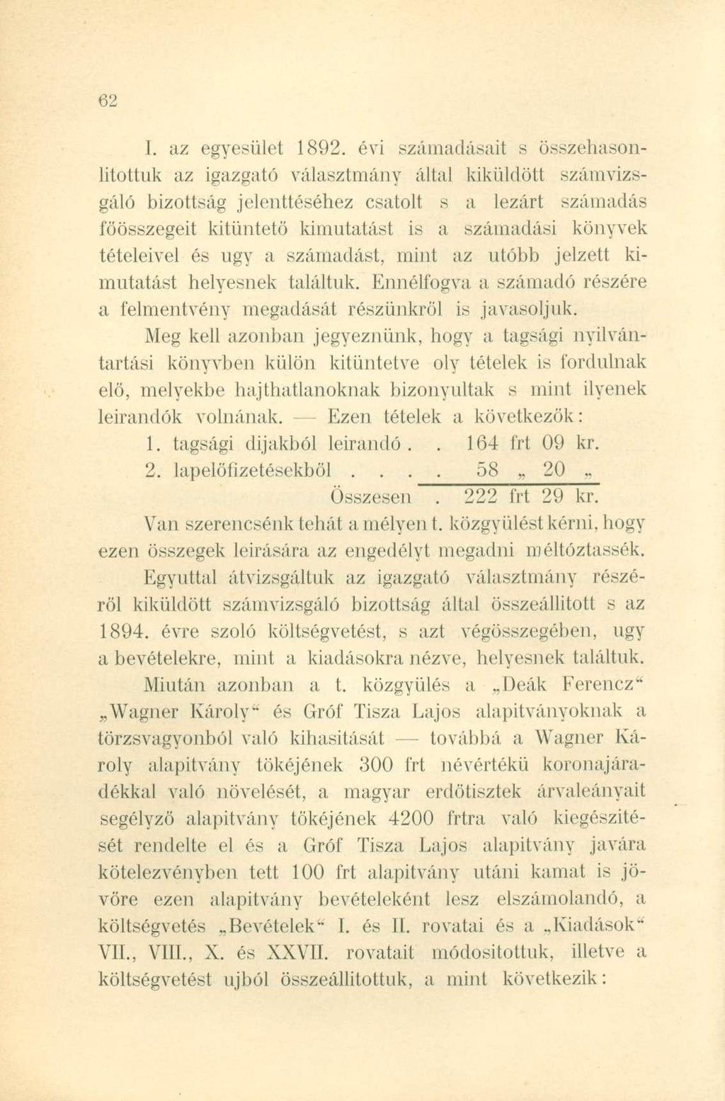 I. az egyesület 1892.