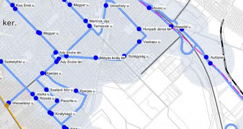 Közösségi közlekedés A tervezési területet közvetlenül nem érintik a közösségi közlekedési hálózat elemei, de 300 m-es körzetben található a legközelebbi buszmegálló a Szabadka utcában, illetve a