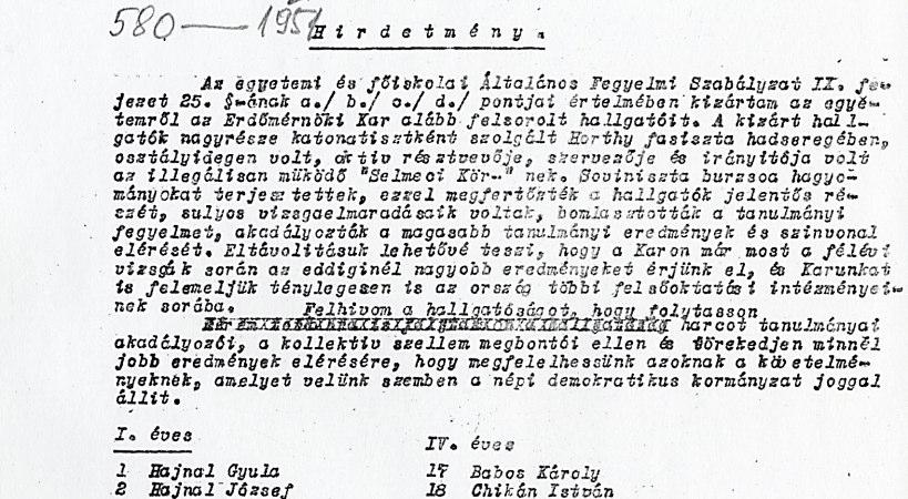 1951 45 erdmérnök hallgatót kizárnak a fiskoláról (5