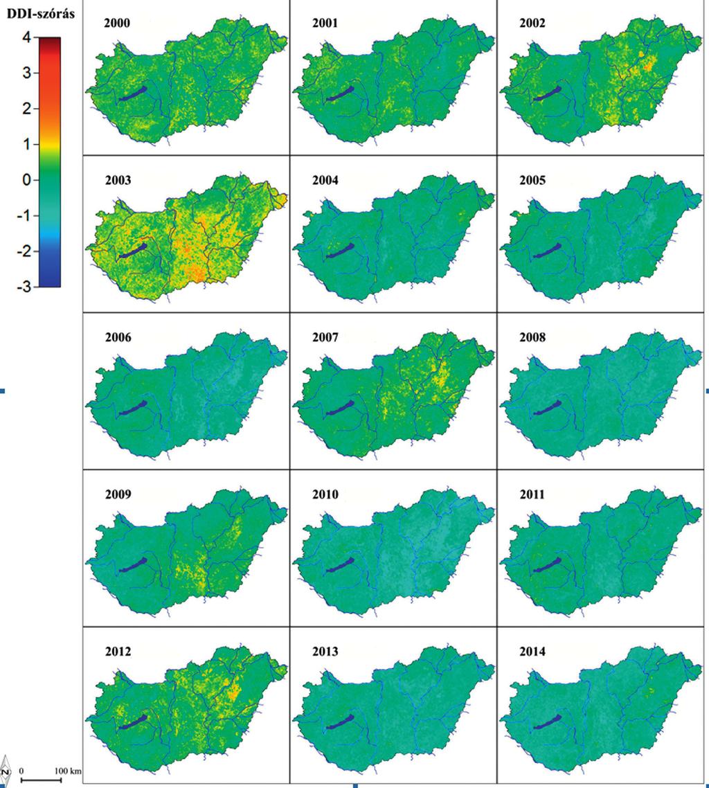 6. ábra Hazánk tenyészidőszaki aszálytérképei az átlagtól vett DDI szórások alapján (2000 2014) Figure 6 Drought maps of Hungary based on the deviations of DDI compared to the multiannual average