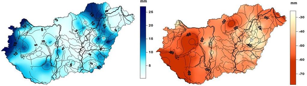 A 2011. évi csapadékösszeg és a 1971-2000 közötti időszak átlaga különbségének területi eloszlása (2.