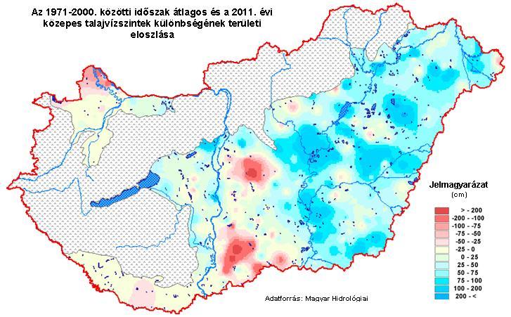 évi közepes talajvízszintek különbségének területi eloszlása A Hátság középső, alacsonyabb területrészén 50-100 cm közötti, egyes észlelőkutak környezetében nagyobb emelkedések következtek be.