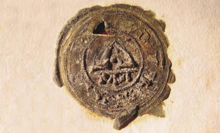 5. ábra. A város pecsétje egy 1513-as oklevélen Bártfa város lt. okl. 4398. Štefan Péchy Fig. 5 The seal of the town on a charter from 1513 The archives of the town of Bártfa/Bardejov. 4398. Štefan Péchy a víztárolót ostrom esetén Mihály ispán és örökösei közösen használhatták a királyi vár várnagyával.