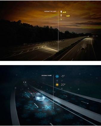 Okos autópálya sötétben világító vonalak, melyek napközben nyelik el a működéshez szükséges energiát dinamikus festés, mely a hőmérséklettől függően látszik vagy láthatatlan, így jelezve