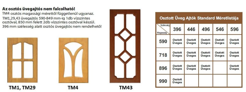 Fóliás MDF ajtófront és osztott üveges ajtó széria méretjegyzék Szél. mm. Mag.