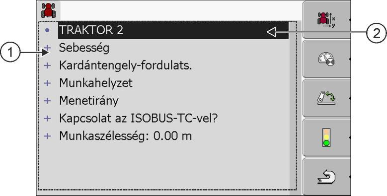 Tractor-ECU alkalmazás Egy járműprofil paramétereinek konfigurálása 8 Aktivált járműprofil (szimbólum zölden jelölve) Valamennyi rendelkezésre álló járműprofil listája Információk a jelölt