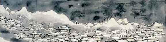 yadokasanu hokageya yukino ie tsuzuki (1768) nem adnak szállást hívogató lámpák fénye havas házsoron 与謝蕪村 夜色楼台図 Buson: Yashoku rōdai zu (Behavazott város éjszaka), Myōhōji ( 妙法寺 ), Marugame