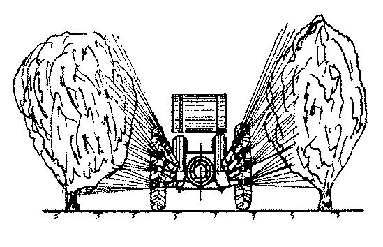 96. ábra Függesztett, pneumatikus cseppképzésű permetezőgép (Pneutox-F): a) felületpermetezéskor; b) kétoldali sorpermetezéskor; c) egyoldali sorpermetezéskor A függesztett porozógép (97.