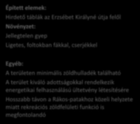 Rákos-patakhoz közeli helyzete miatt rekreációs zöldfelületi funkció is megfontolandó Rekultiválandó