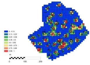 készült szub-pixeles léktérkép, referencia lék poligonokkal megjelenítve (B). Forrás: BARTON et al.