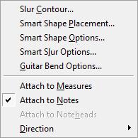 SmartShape menü Slur Contour Ebben a dialógusablakban a legato kötőív ívének beállítására nyílik lehetőségünk, vagyis a legato kötőív alapértelmezett magasságát (Height) és ívének görbületét (Inset)