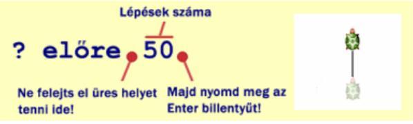 21. óra: Alapvető parancsok: Előre-a teknőc a munkaterületen előre mozog a középpontból. (rövid változata: e) Hátra-a teknőc a munkaterületen hátra mozog a középpontból.