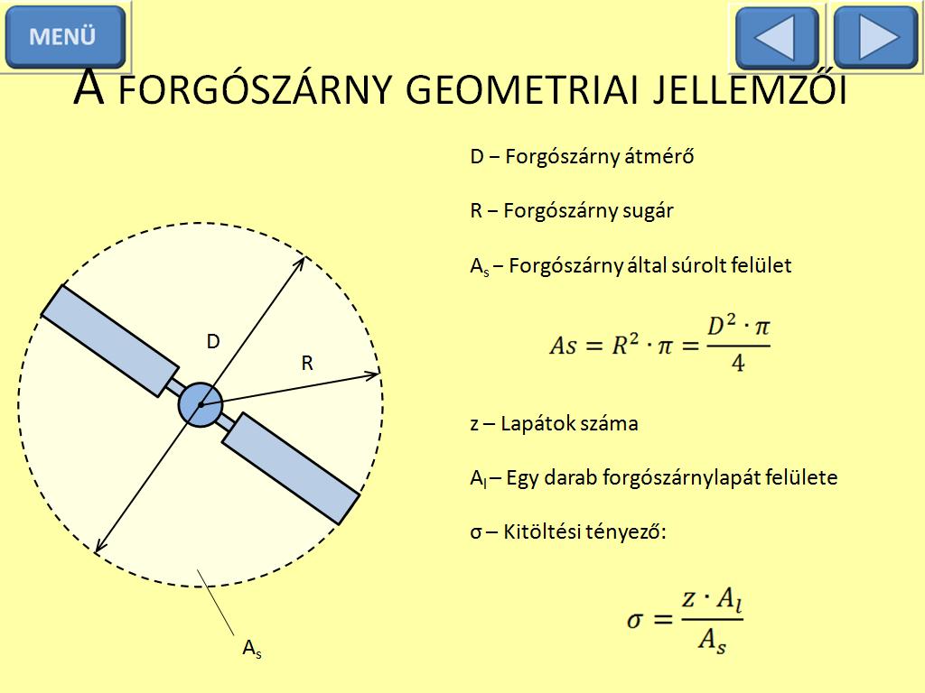 σ Kitöltési tényező: a forgószárnylapát felületének és a súrolt felület hányadosa, azaz a súrolt felület hányad részét képezik a lapátok.