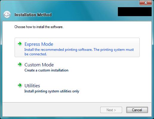 Custom Mode: Ez az opció lehetővé teszi, hogy kiválassza azokat az elemeket, amelyeket telepíteni kíván, és megadhatja a nyomtatóportot. A telepítés módjának megfelelő részt olvassa el a továbbiakban.