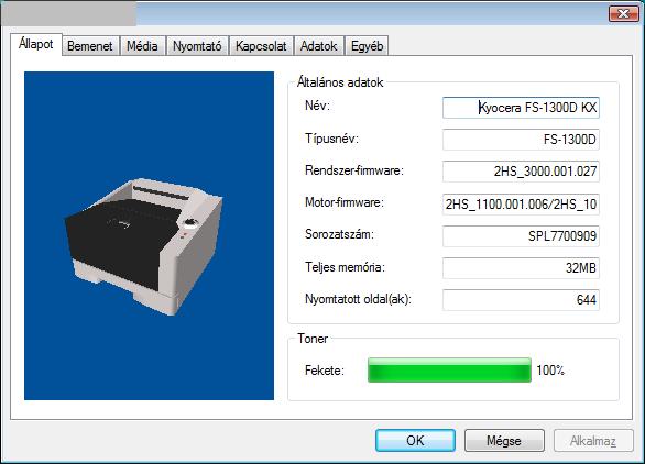 Állapot fül Az Állapot fül az eszközről aktuális információkat közöl, mint például a típusnév, rendszer-firmware, motor-firmware, sorozatszám, teljes