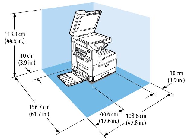 Műszaki adatok Teljes helyigény Az alapmodell helyigénye Szélesség: 108,6 cm (42,8") Mélység: 156,7 cm (61,7") Magasság: 113,3 cm (44,6") Egyetlen tálcát és állványt