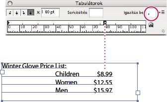 INCOPY CS3 184 Tabulátorpozíció áthelyezése 1 Váltson a Szöveg eszközre, és kattintson a bekezdésbe. 2 A Tabulátorok panelen jelöljön ki egy tabulátort a tabulátorvonalzón.