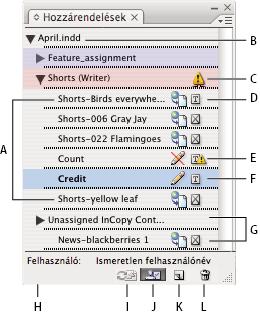 INCOPY CS3 66 Az InDesign program Hozzárendelések panele A. InCopy-tartalmak nevei B. InDesign-dokumentum neve C. A hozzárendelés elavult állapot D. Elérhető és A grafikus tartalom aktuális állapot E.