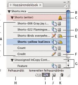 Kijelölés lefoglalása/lefoglalásának feloldása gomb K. Új hozzárendelés gomb L. Kijelölt hozzárendelések törlése/eltávolítás gomb Az InCopy program Hozzárendelések panele A. InCopy-tartalmak nevei B.