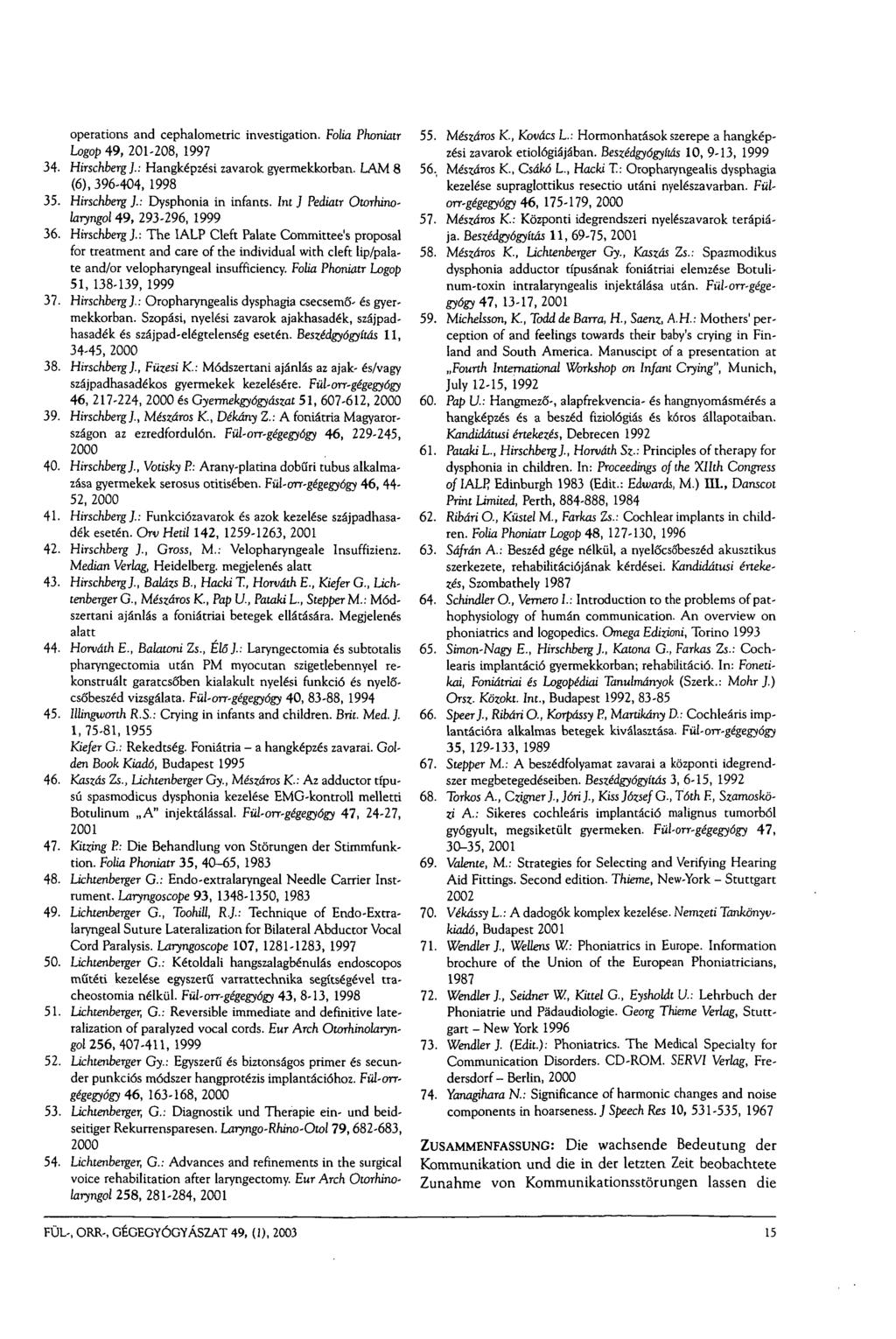 operations and cephalometric investigation. Folia Phoniatr Logop 49, 201-208, 1997 34. Hirschberg ].: Hangképzési zavarok gyermekkorban. LAM 8 (6), 396-404, 1998 35.