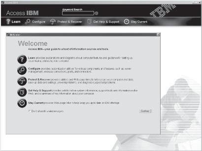 (Welcome) lapját, amely elmagyarázza az Access IBM egyes részeit.