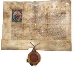 Foltos, középütt a penészedéstől elhalványult a szöveg, a hajtogatások mentén kis szakadásokkal, apró lyukakkal. Ferdinand II, King of Hungary. Ennobling of György Szép and his family.