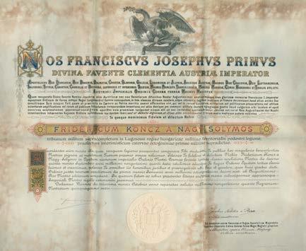 Központi Antikvárium 45 117. Nagysolymosi Koncz Frigyes számára, (Habsburg) I. Ferenc József (1830-1916) magyar király által kiadott, saját kezűleg aláírt oklevelek gyűjteménye. 1. A latin nyelvű oklevél bizonysága szerint az uralkodó a III.