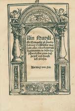 A gerincén papírcsíkkal. Oldalt megvágva. First edition. Unbound. Woodcut bordure on title page. Cropped. VD 16 B 2374.; BNH Cat 0 123.