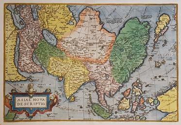Központi Antikvárium 67 175. Asiae Nova Descriptio Antwerpen, 1595. Ázsia rézmetszetű térképe, amely Abraham Ortelius Theatrum Orbis Terrarum című munkájának, latin nyelvű kiadásában jelent meg.