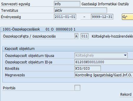 Szervezeti egység költséghelyhez történő hozzá