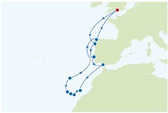 (Livorno), Olaszország 07:00 19:00 9 Provence (Toulon), Franciaország 08:00 16:00 10 Barcelona, Spanyolország 07:00 16:00 11 Tengeren 12 Lisszabon, Portugália 10:00 17:30 13 Vigo, Spanyolország 09:30