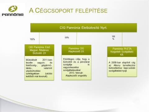 A.1.4 Tulajdonosok A Biztosító alapítója és tulajdonosa 100%-ban a CIG Pannónia Életbiztosító Nyrt. A.1.5 Vállalatcsoport A CIG Pannónia Csoport felépítését 2016.12.31-én a következő ábra szemlélteti.