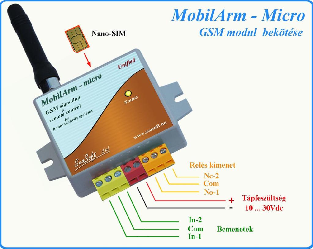 3. A modul bekötése: A modul piros sorkapcsain +10-15V tápfeszültséget igényel, fordított polaritás ellen védett, és min. 500mA-es terhelhetőségű tápot igényel.