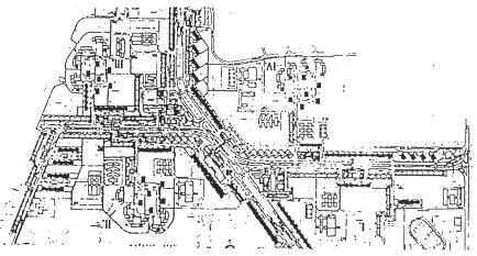 40. Candilis-Josic-Woods: Toulouse le Miraille óriás-lakótelep (1964). A terv a város összefüggő gyalogos zónáját ábrázolja. Az épületek a gyalogoz zóna fölött helyezkednek el.