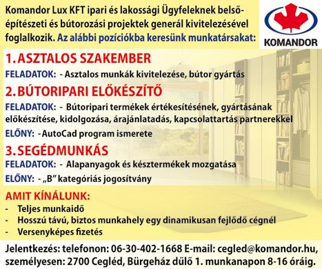 Jó kereseti lehetőséggel, Cafeteria juttatással. Jelentkezés a +36-20/227-2742 telefonszámon, valamint az anna. juhasz@vitecer.com e-mail címen. ViteCer Kft.