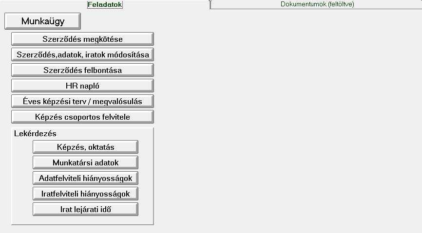 Példa egy-egy részterület képernyőképére A munkaügyi alrendszer készen áll a kiterjesztett tesztelésre, melynek segítségével minden típusú szerződés (MMK, Szociális foglalkoztatás, Önkéntes,