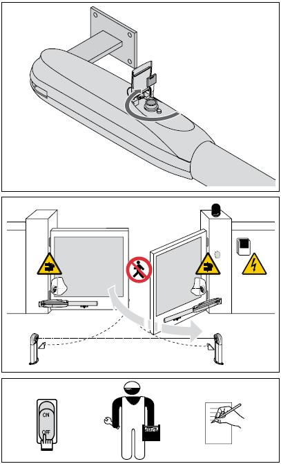 -9KEZELÉSI UTASÍTÁS NYÍLÓKAPUK LUXO AUTOMATIKÁJÁHOZ KIOLDÁSI UTASÍTÁS Hibás működés vagy hálózat - kimaradás esetén helyezze be a kulcsot és forgassa azt el az óramutató járásának irányába.