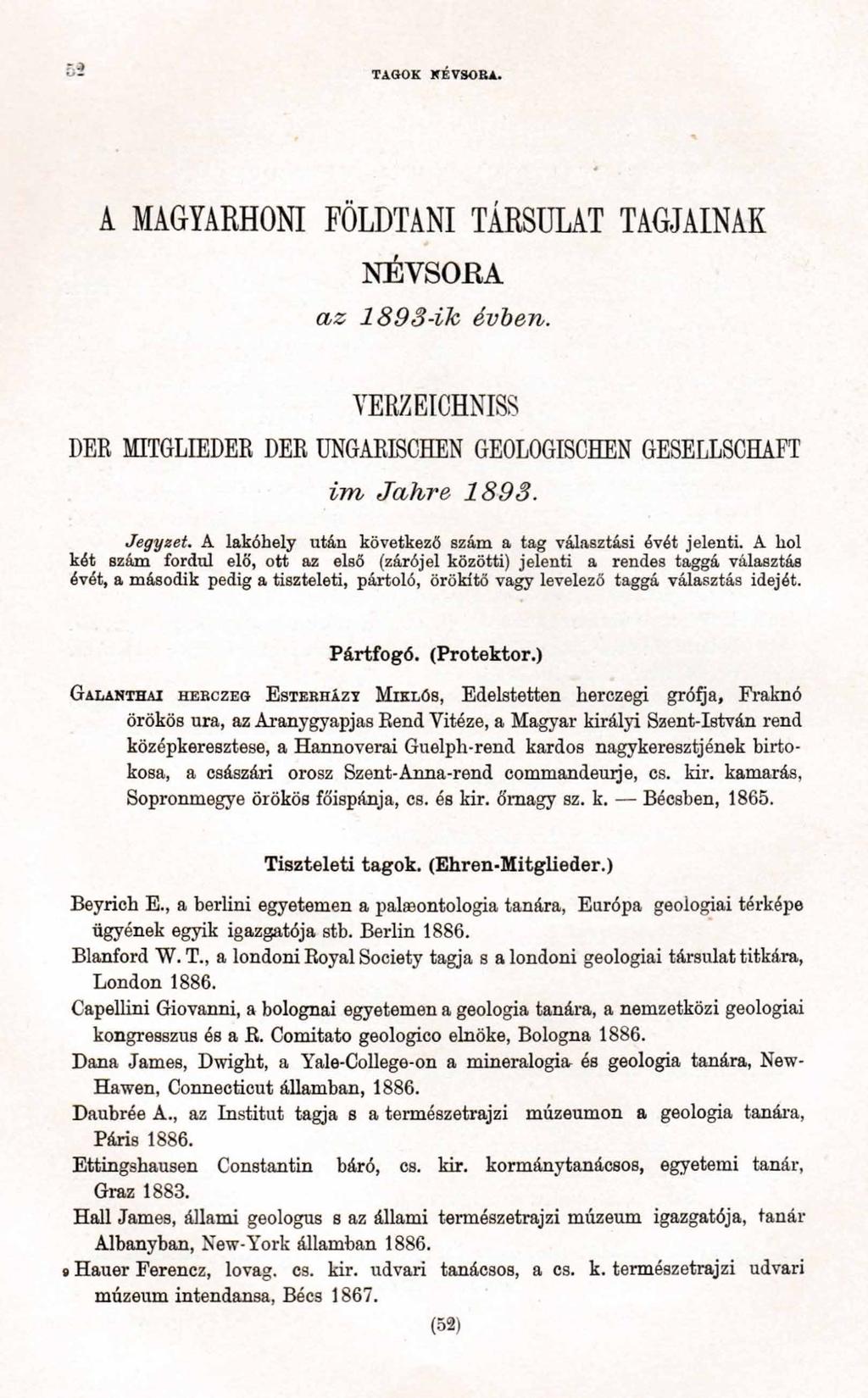 TAGOK NÉVSORA. A MAGYARHONI FÖLDTANI TÁRSOLAT TAGJAINAK NÉVSORA az 1893-ik évben. VERZEICHNIS D E R M IT G L IE D E R D E R U N G A R ISC H E N G EO LO GISCH EN G E SE L L SC H A F T im Jahre 1893.