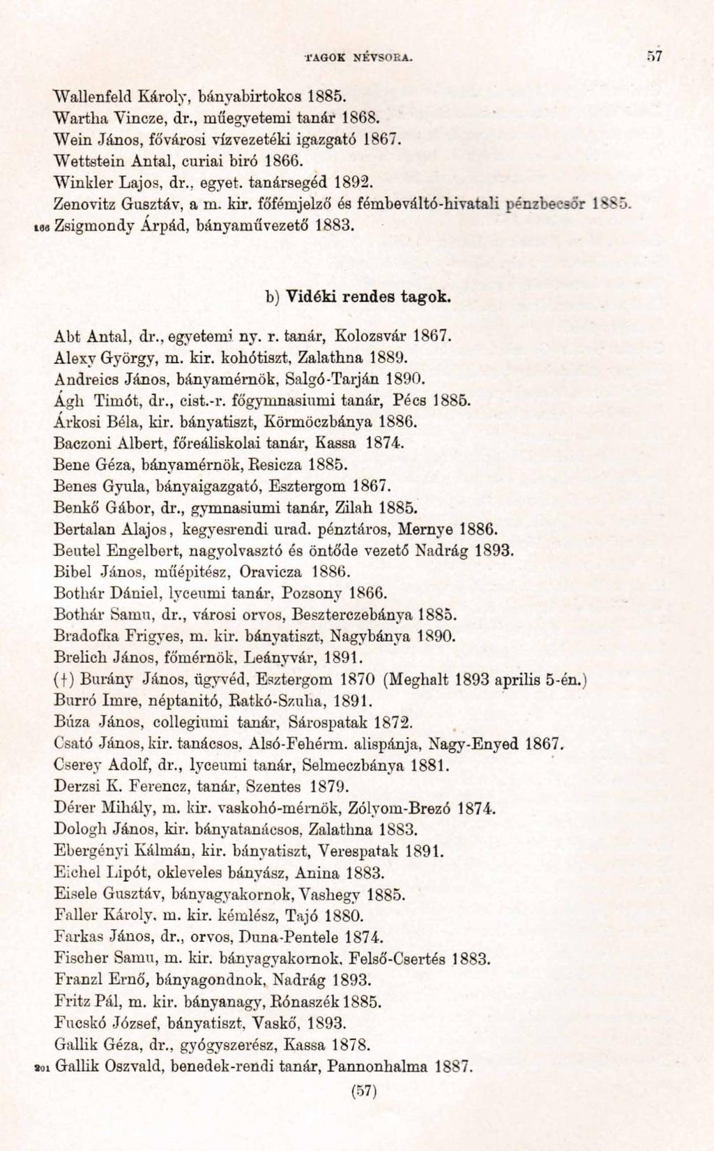 TAGOK NÉVSORA. r>7 Wallenfeld Károly, bányabirtokos 1885. Wartha Yinoze, dr., műegyetemi tanár 1868. Wein János, fővárosi vízvezetéki igazgató 1867. Wettstein Antal, curiai biró 1866.