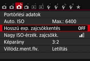 3 Zajcsökkentés beállításak Zajcsökkentés hosszú expozíciónál A zajcsökkentés minden 1 másodperces vagy hosszabb expozíció esetén lehetséges. Válassza ki a [Hosszú exp. 1 zajcsökkentés] funkciót.